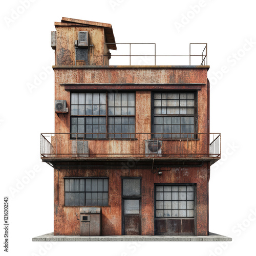 Rusty Industrial Building: An aged industrial building with a weathered, rusted exterior stands against a clear backdrop, its architecture revealing stories of bygone eras.cut out