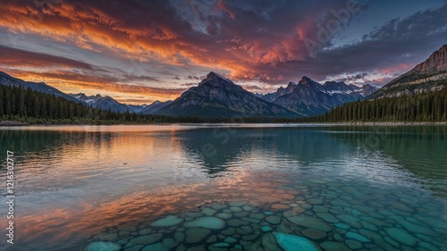 Stunning Glacier Lake and Rocky Mountains at Sunrise photo