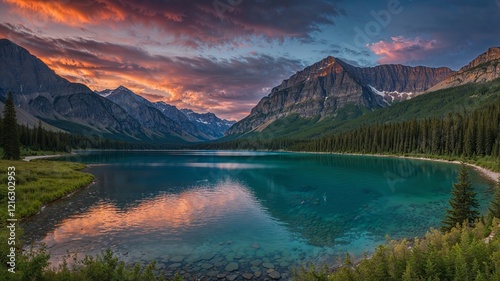Stunning Glacier Lake and Rocky Mountains at Sunrise