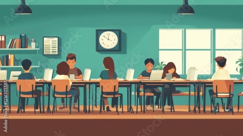 A group of students taking a standardized test in a modern classroom