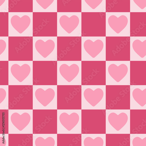 Vector seamless pattern with a checkerboard and pink hearts