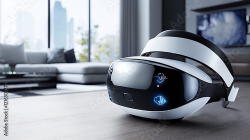 A virtual reality headset with a health monitoring app displayed in a high-tech living room.