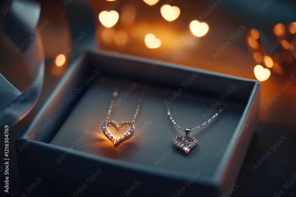 A gift box revealing a necklace heart shapes A gift box revealing a necklace heart shapes