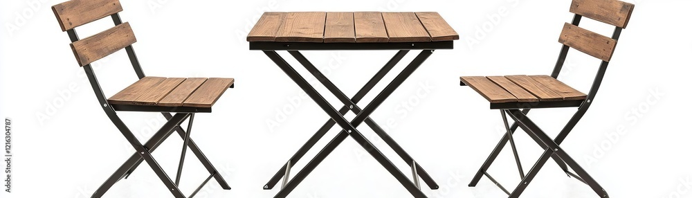 Rustic foldable bistro set with distressed wooden surfaces and wrought iron frames