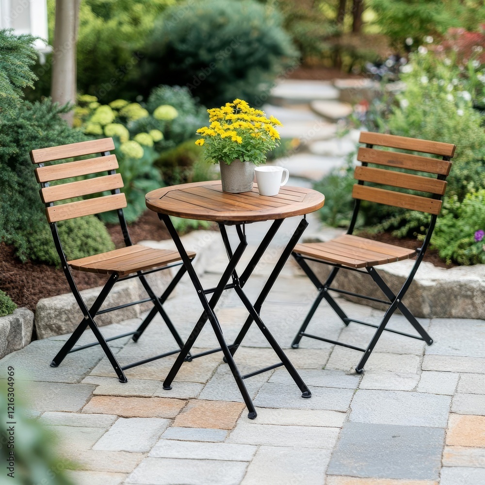 Rustic wood and iron foldable bistro set surrounded by stone pavers Rustic wood and iron foldable bistro set surrounded by stone pavers