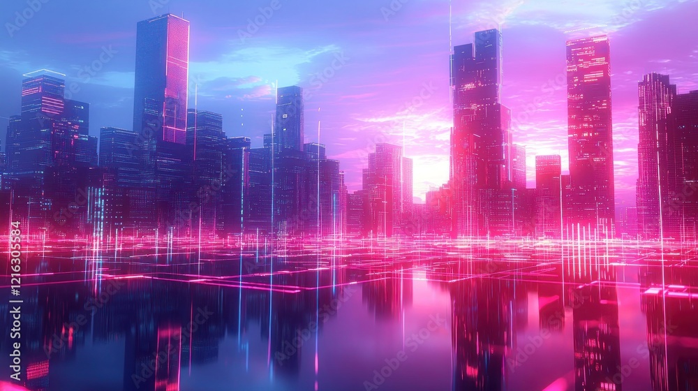 Cityscape illuminated in pink and blue with abstract grid floor, for tech background. Cityscape illuminated in pink and blue with abstract grid floor, for tech background.