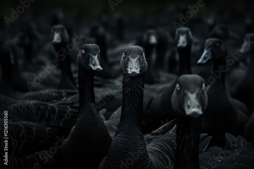 Close up of brent geese flock staring intensely from dark water, creating a dramatic and captivating scene photo