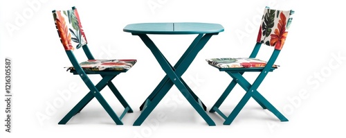 Tropical teal foldable bistro set paired with bold prints