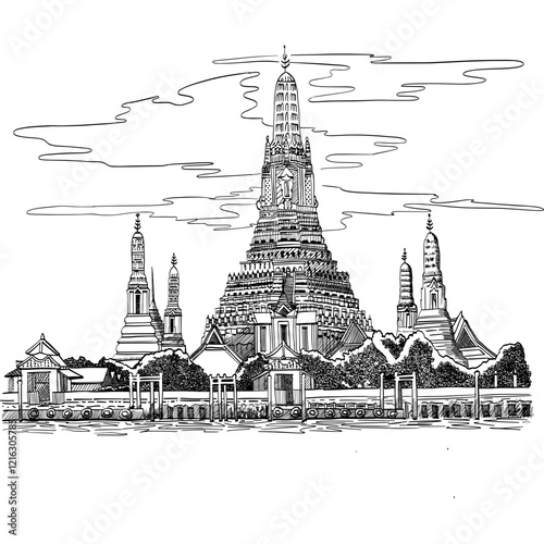 Wat Arun Temple in Bangkok, Thailand. Vector illustration. Sketch drawing