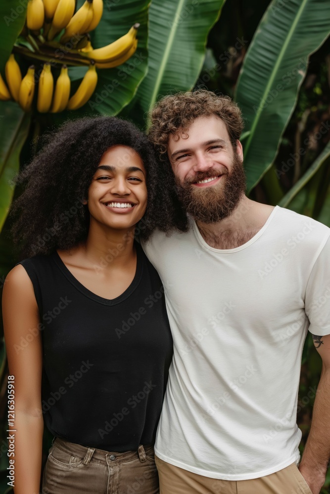 Fototapeta premium A man and a woman are smiling and posing for a picture. The man has a beard and the woman has curly hair