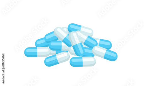 Heap of antibiotics blue capsules isolated on white background. Vector cartoon flat illustration. Pills icon.