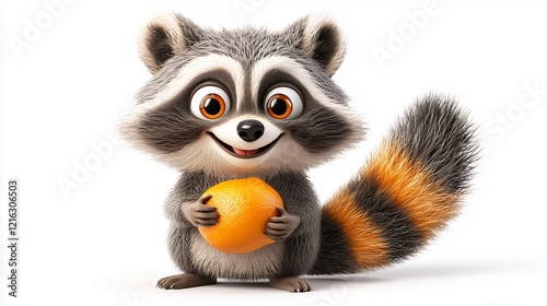 Cute Cartoon Raccoon Holding Orange Fruit with Cheerful Expression