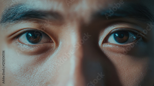 Extreme close up shot of male Asian eyes, showcasing symmetry and detail. image captures depth and emotion reflected in eyes, highlighting their unique features photo