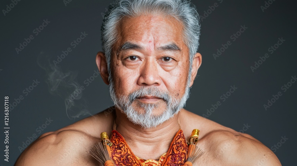 Obraz premium Elderly Bearded Man with Traditional Necklace and Serious Expression Against Dark Background
