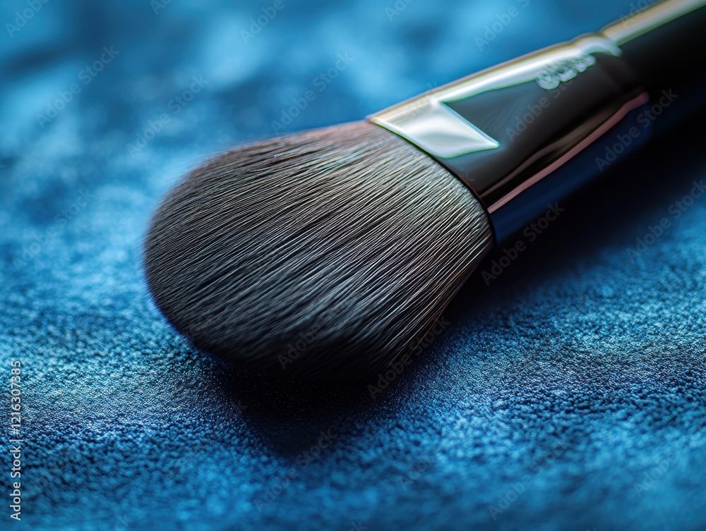 Close-Up of Makeup Brush on Soft Blue Velvet Surface for Beauty Close-Up of Makeup Brush on Soft Blue Velvet Surface for Beauty