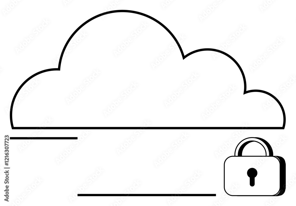 Large cloud outline paired with a padlock icon representing secure cloud storage. Ideal for technology, cybersecurity, privacy, cloud computing, data protection, digital systems, online safety Large cloud outline paired with a padlock icon representing secure cloud storage. Ideal for technology, cybersecurity, privacy, cloud computing, data protection, digital systems, online safety