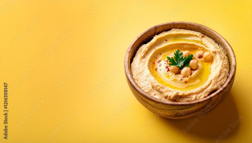 Delicious creamy hummus with chickpeas in bowl on yellow background Delicious creamy hummus with chickpeas in bowl on yellow background