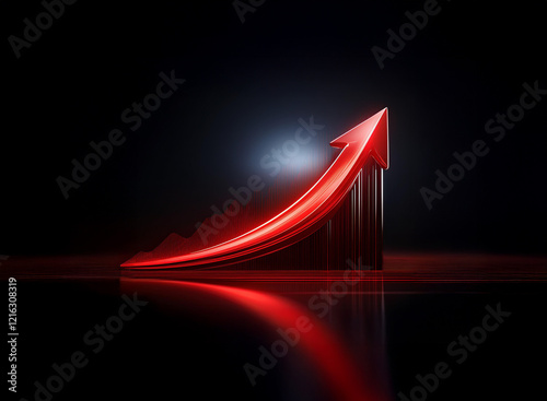 A vibrant red arrow ascends a dark bar graph, reflecting on a glossy surface, symbolizing growth and success.  The scene is dramatically lit, emphasizing upward trajectory. photo