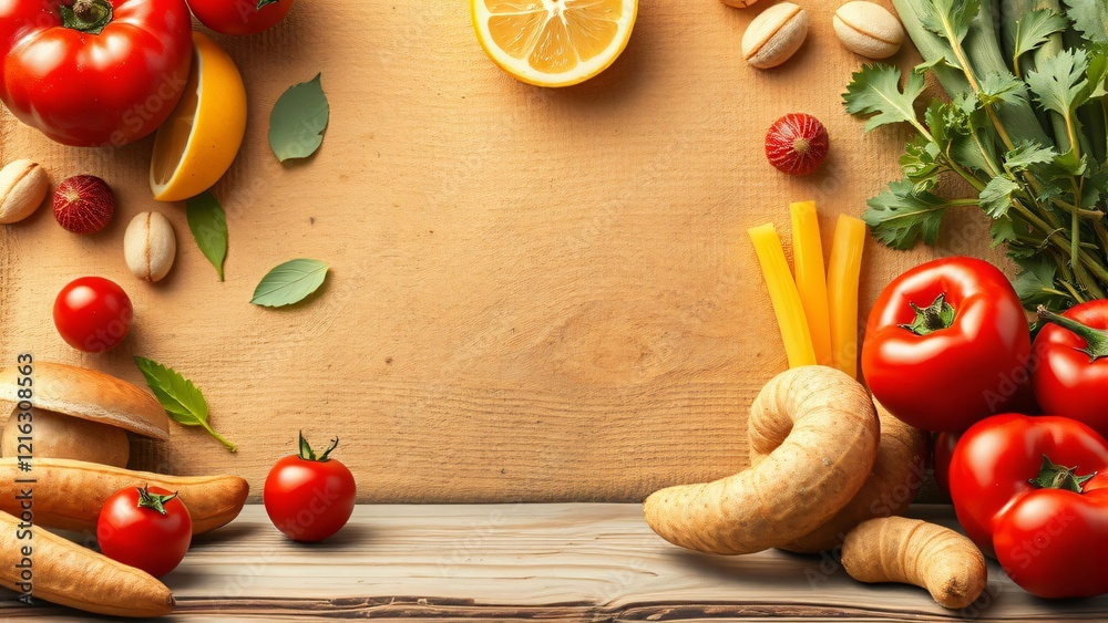 Vibrant Fresh Produce Border on Wooden Background - Healthy Eating Concept Vibrant Fresh Produce Border on Wooden Background - Healthy Eating Concept