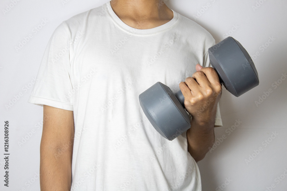 man in plain white t-shirt holding dumbbell with his right hand man in plain white t-shirt holding dumbbell with his right hand