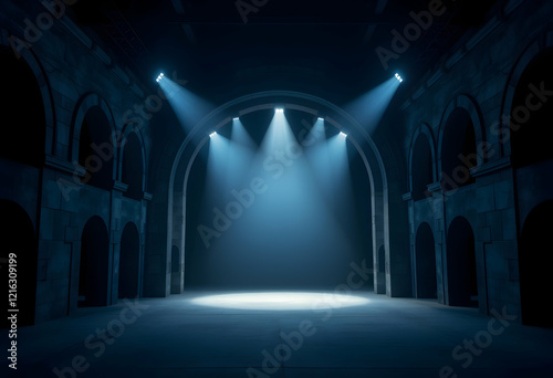 dark gothic hall, stone arches, dramatic spotlights, empty stage, blue atmospheric lighting, misty floor, mysterious ambiance, high contrast, cinematic, 3D render, architectural symmetry, theatrical s