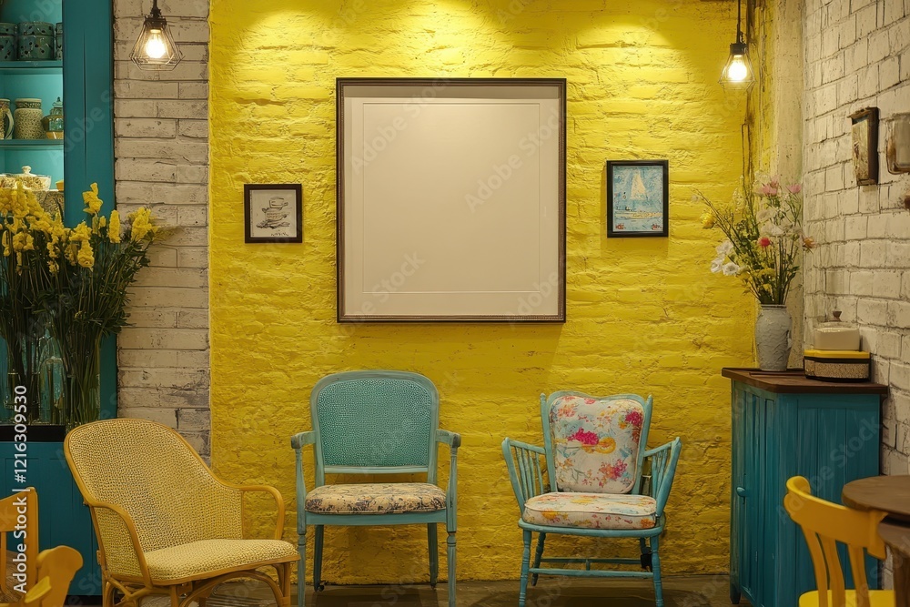 Fototapeta premium Vibrant Yellow Brick Wall Interior Design with Teal Accents and Floral Arrangements