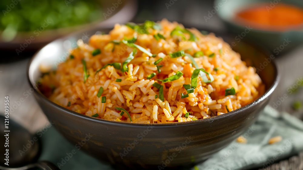 Delicious spicy rice dish topped with fresh herbs, perfect for any meal Delicious spicy rice dish topped with fresh herbs, perfect for any meal