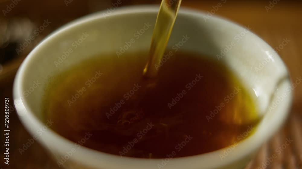 Filling a Tea Cup, Close-up of Hot Tea Being Poured Filling a Tea Cup, Close-up of Hot Tea Being Poured