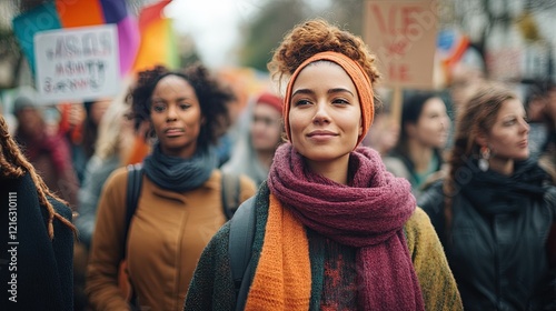Diverse group of women holding empowering signs at a peaceful march, strength and unity theme 
