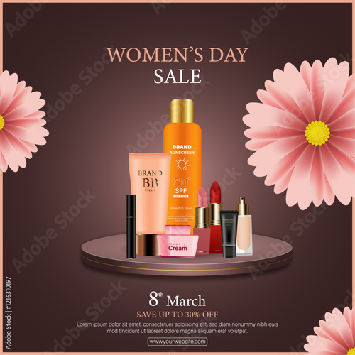 Beauty cosmatics sale offer poster design for international women's day, cosmatic products on podium vector template design.