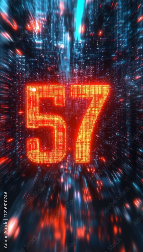 Obraz premium Luminous Digital Number 57 in a Futuristic Style on Abstract Background, Technology Concept