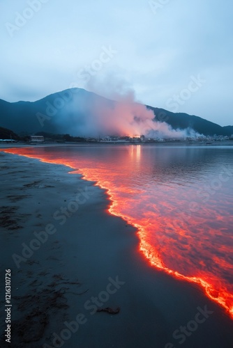 A fire is burning on the beach next to a body of water. The fire is orange and is on the sand photo