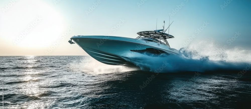 Fototapeta premium High-Speed Luxury Boat Cutting Through Ocean Waves at Sunset