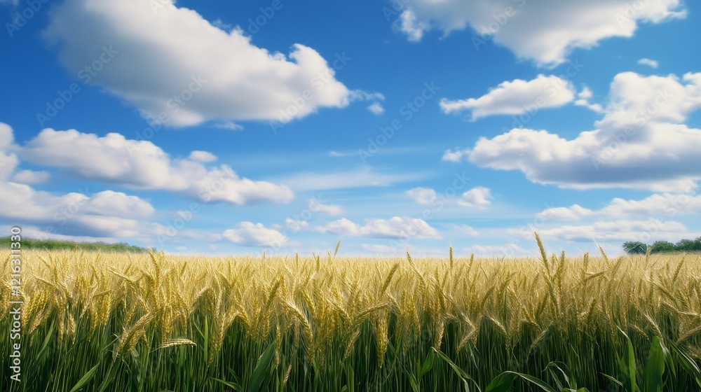 Golden wheat field under a bright blue sky with fluffy clouds, showcasing nature's beauty and serenity Golden wheat field under a bright blue sky with fluffy clouds, showcasing nature's beauty and serenity