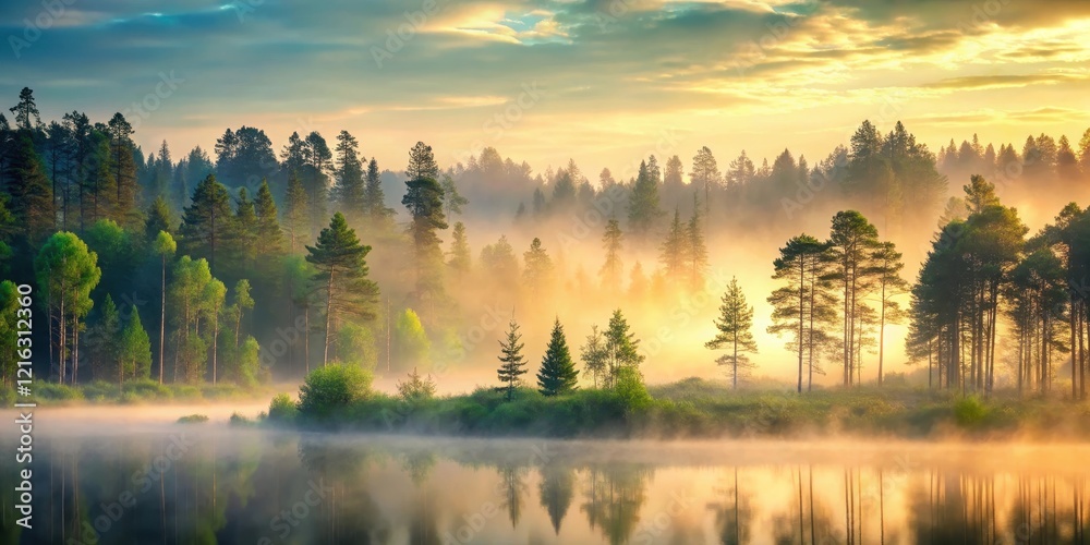 Fototapeta premium Soothing forest landscape with misty dawn, natural solace, stillness, natural solace