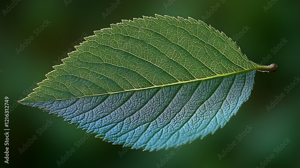 A single green leaf detailed view showing veins A single green leaf detailed view showing veins