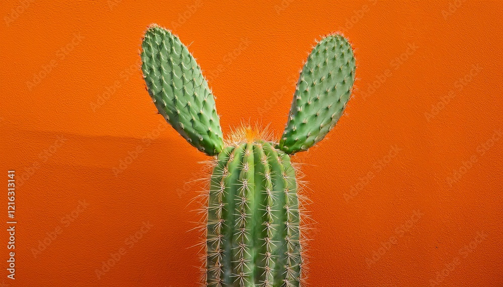 A vibrant green cactus with two large, flat pads resembling bunny ears stands against a bright orange textured wall, creating a striking and playful contrast A vibrant green cactus with two large, flat pads resembling bunny ears stands against a bright orange textured wall, creating a striking and playful contrast