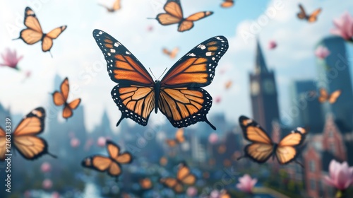 Monarch Butterflies Soaring Over Cityscape A Dreamlike Scene of Flight and Freedom