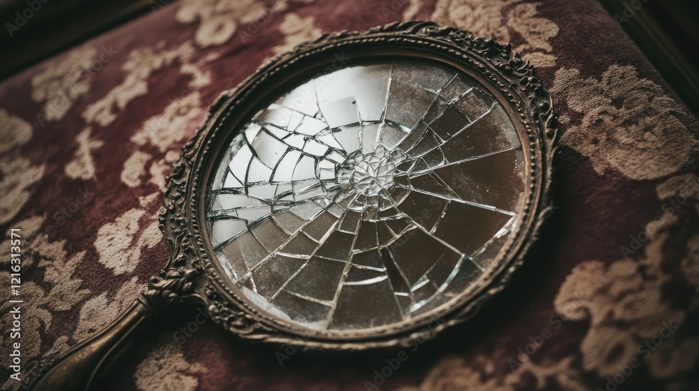 Fototapeta premium A shattered mirror resting on a soft, velvet background, with intricate reflections playing across the cracks.