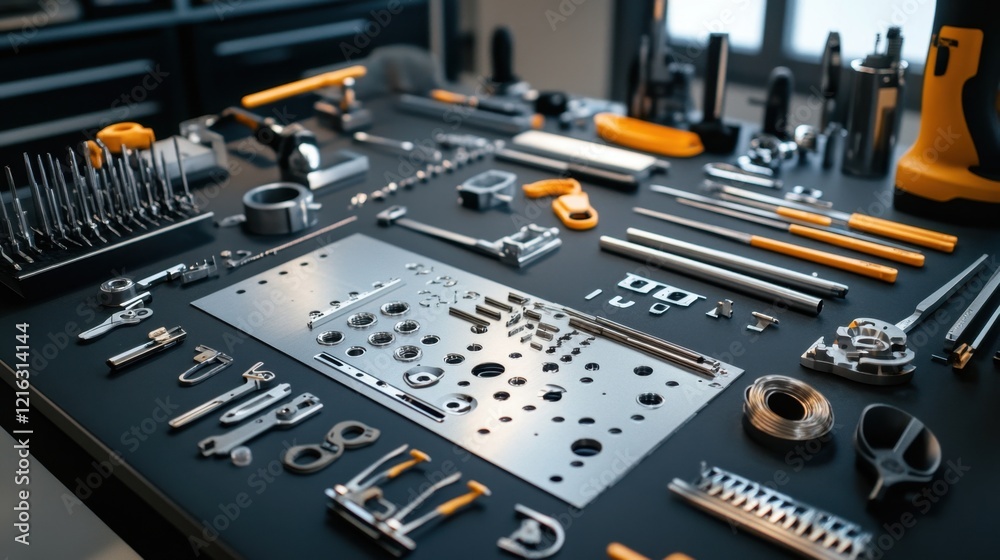 Fototapeta premium A mechanic aligns metal sheets for assembly, with precision tools arranged on the table.
