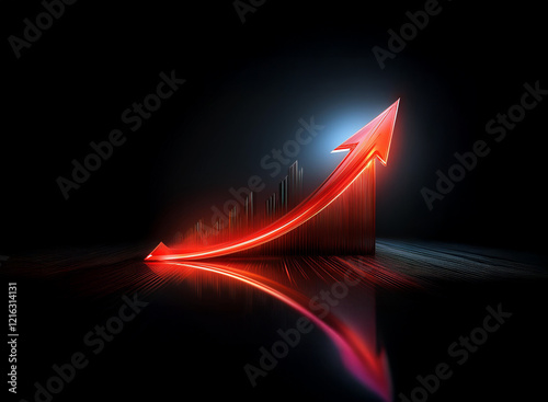 A vibrant red arrow ascends dramatically against a dark background, symbolizing growth and upward trajectory. Its reflection adds depth to the scene, emphasizing progress and success. photo