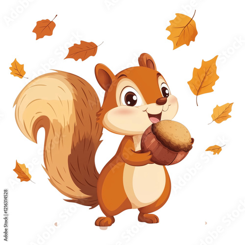 Happy Cartoon Squirrel Holding Acorn with Autumn Leaves, Isolated on White, Expressing Seasonal Joy and Natural Abundance Transparent Background