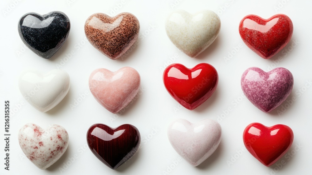 Fototapeta premium photograph of Collection of different hearts on white background. telephoto lens realistic daylight cool color
