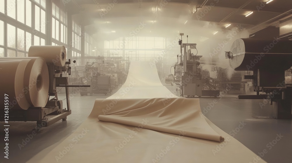 Leather sheets on the floor of a shoe factory, machines working in the background surrounded by mist Leather sheets on the floor of a shoe factory, machines working in the background surrounded by mist