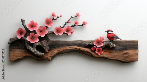 A vibrant artwork featuring a red bird perched on a wooden branch, surrounded by beautiful pink blossoms, bringing nature indoors. photo