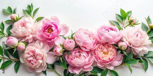 Fototapeta Naklejka Na Ścianę i Meble -  Soft pink peonies with delicate petals and lush greenery against a white background, spring flowers, flower arrangement