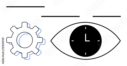 Gear and eye with clock suggest efficiency and planning. Ideal for innovation, productivity, vision, focus, workflow, time tracking, strategic planning, and abstract line flat metaphor