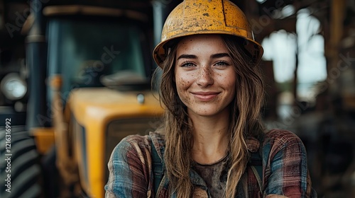 Female strength captured A happy, attractive woman dons a helmet and dirty clothes, standing confidently with a tractor behind her