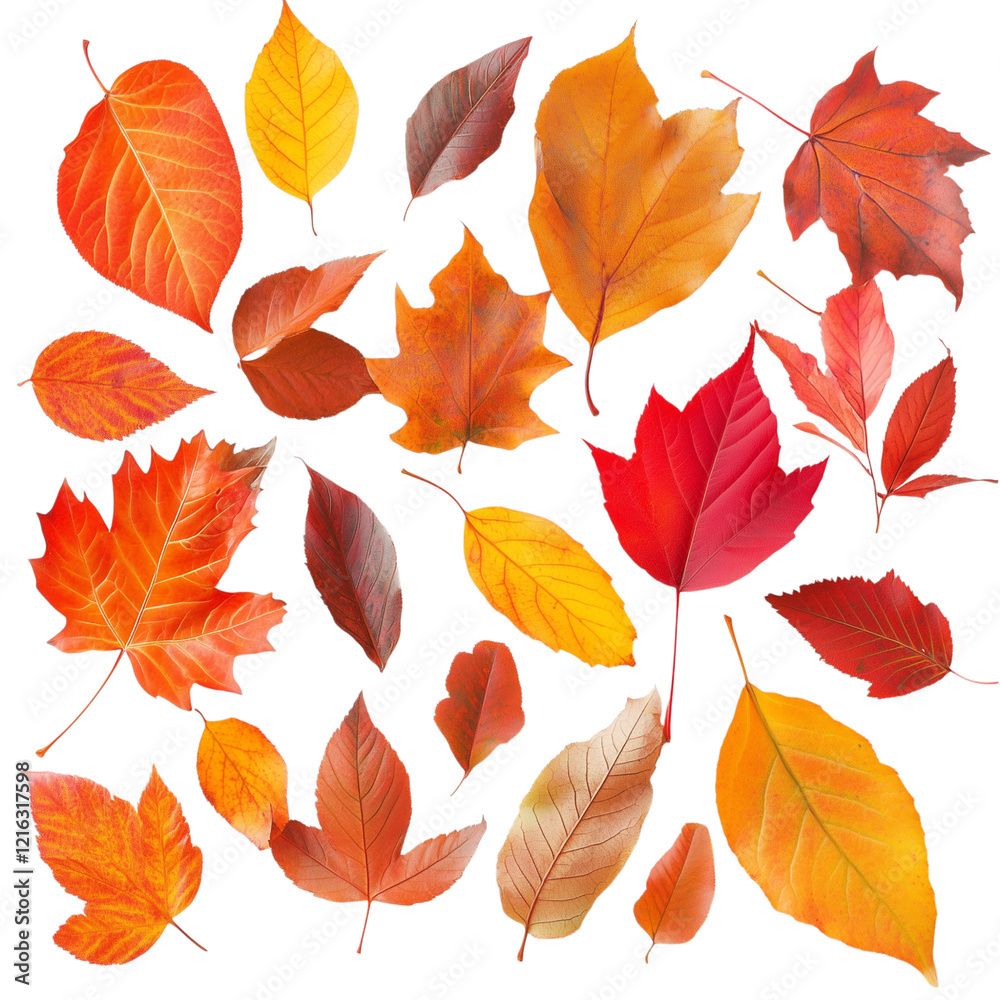 Obraz premium Assorted Colorful Autumn Leaves, Scattered Against a White Background, Displaying Vibrant Fall Hues and Natural Textures, Evoking Seasonal Change Transparent Background