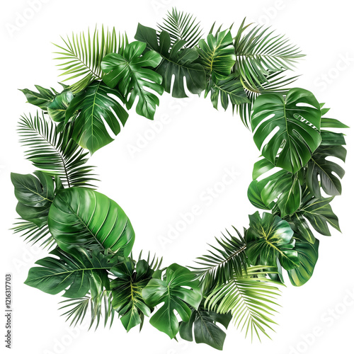 Tropical Green Leaf Wreath, Featuring Monstera and Palm Fronds, Arranged in a Circle Against a White Background, Radiating Lush Jungle Vibes Transparent Background